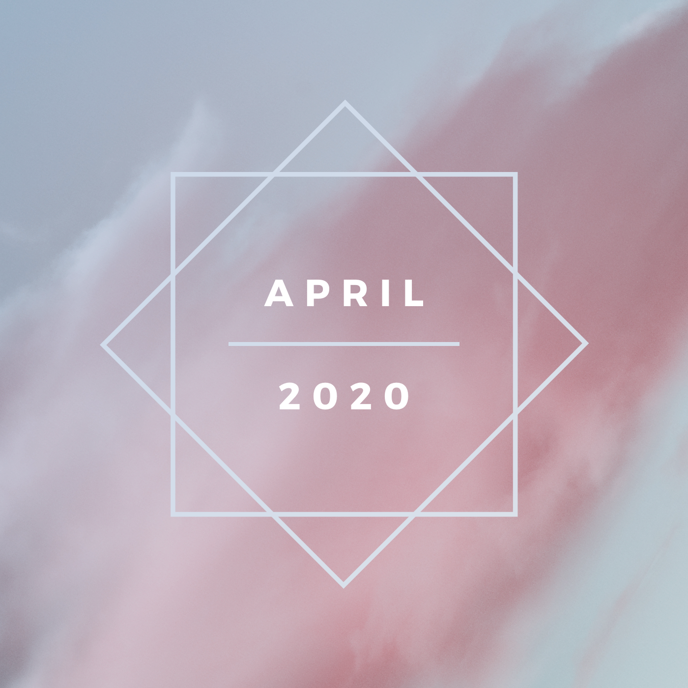 a square image of a gray-blue sky with a thick streak of pink clouds with two interlocking white boxes and white text saying april 2020