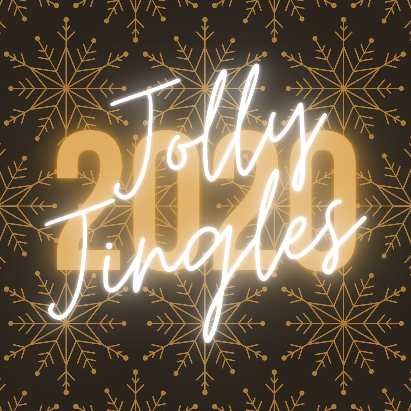a square image of repeating gold snowflakes with neon writing saying jolly jingles 2020