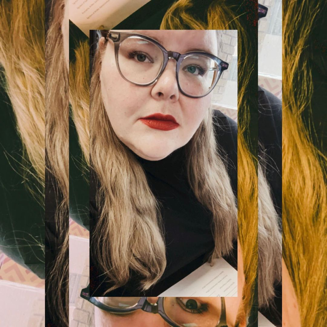 a collage image of a fat white person in glasses and red lipstick
