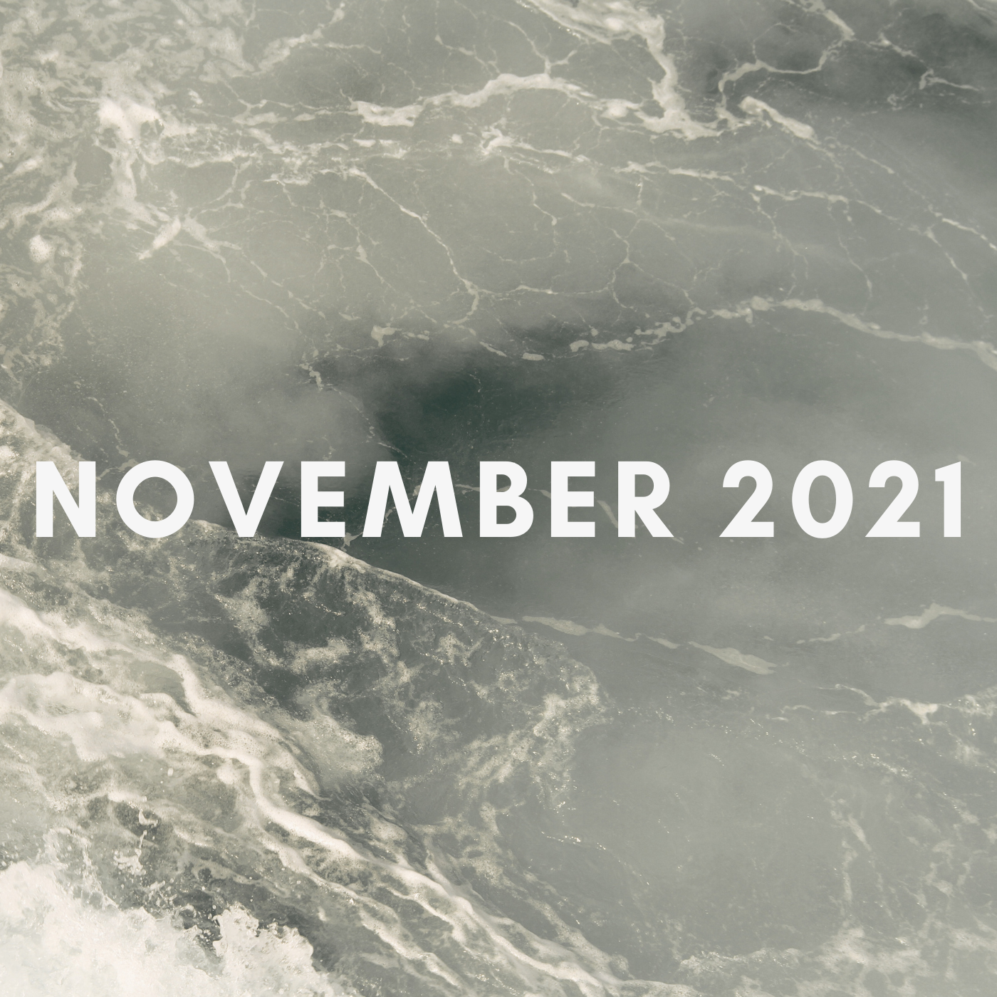 a square black and white image of churning ocean water, it says november 2021 in an all caps sans-serif font at the center