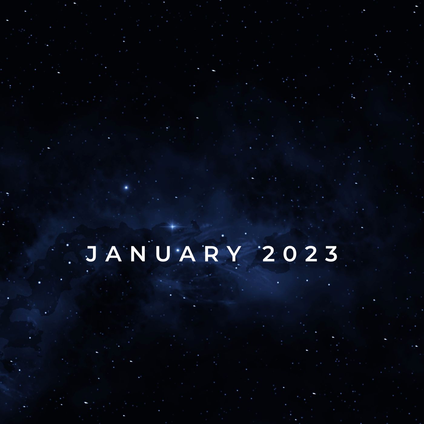 a square crop of a blue star field with january 2023 in the center