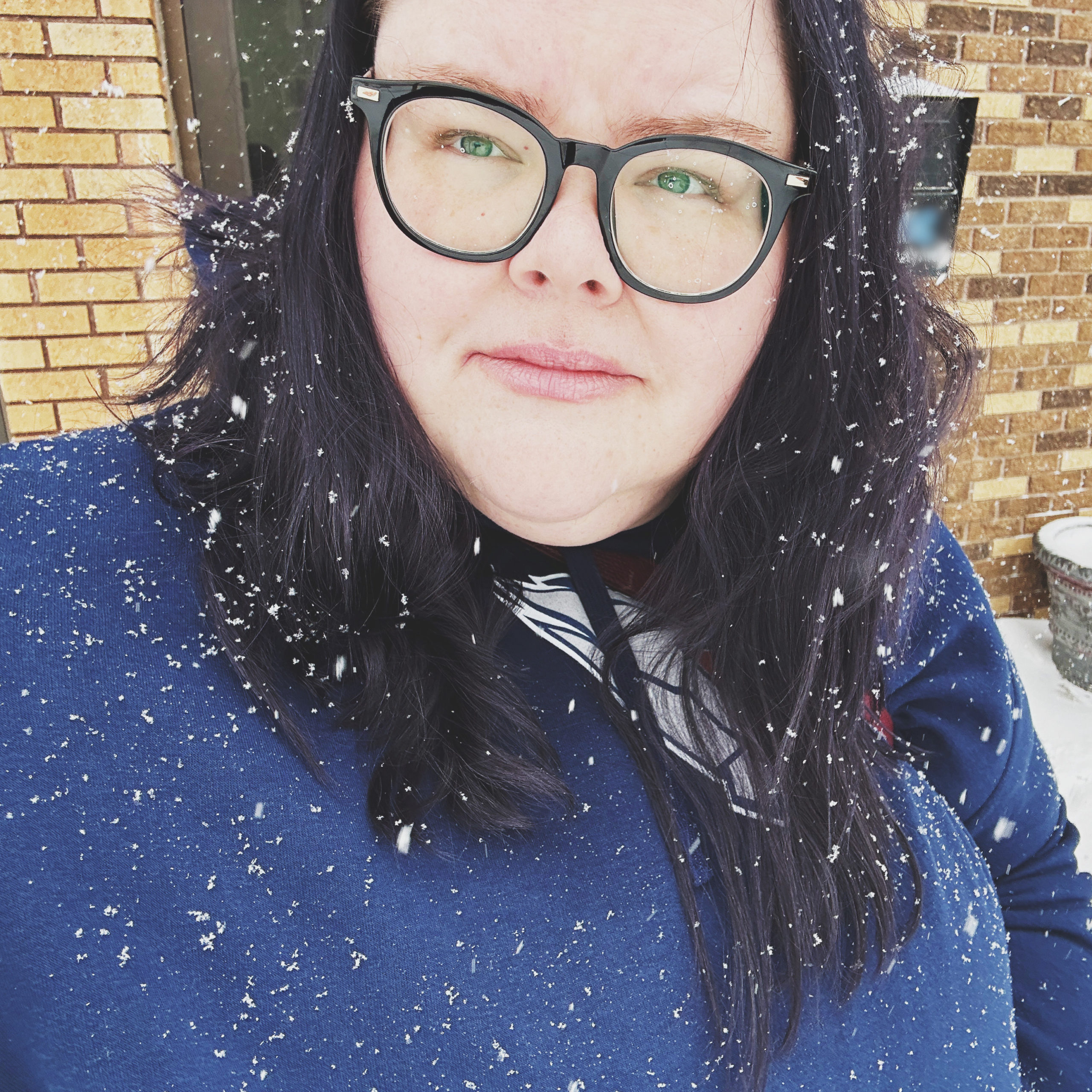 a collage image of a fat white person in glasses in the snow