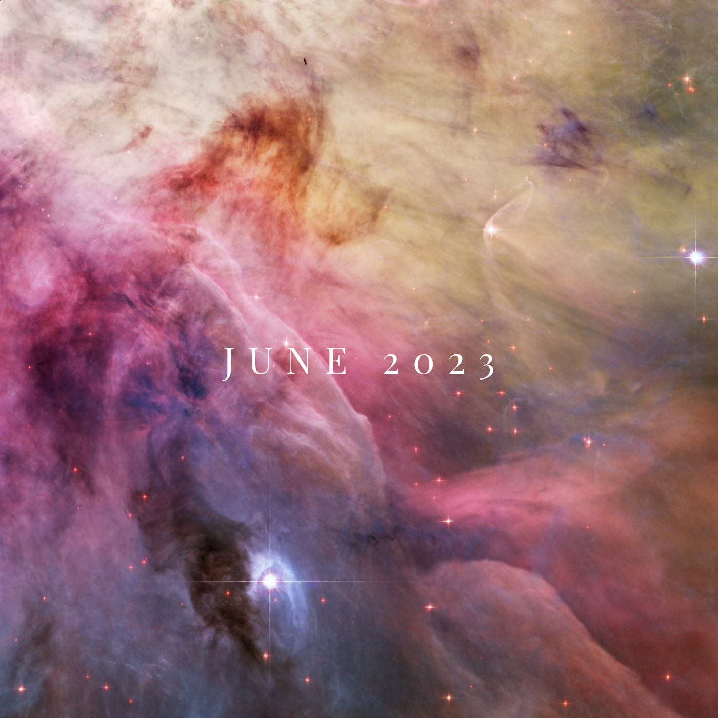 a square crop of a pink, orange, and blue stardust and galaxy formation with may 2023 in the center