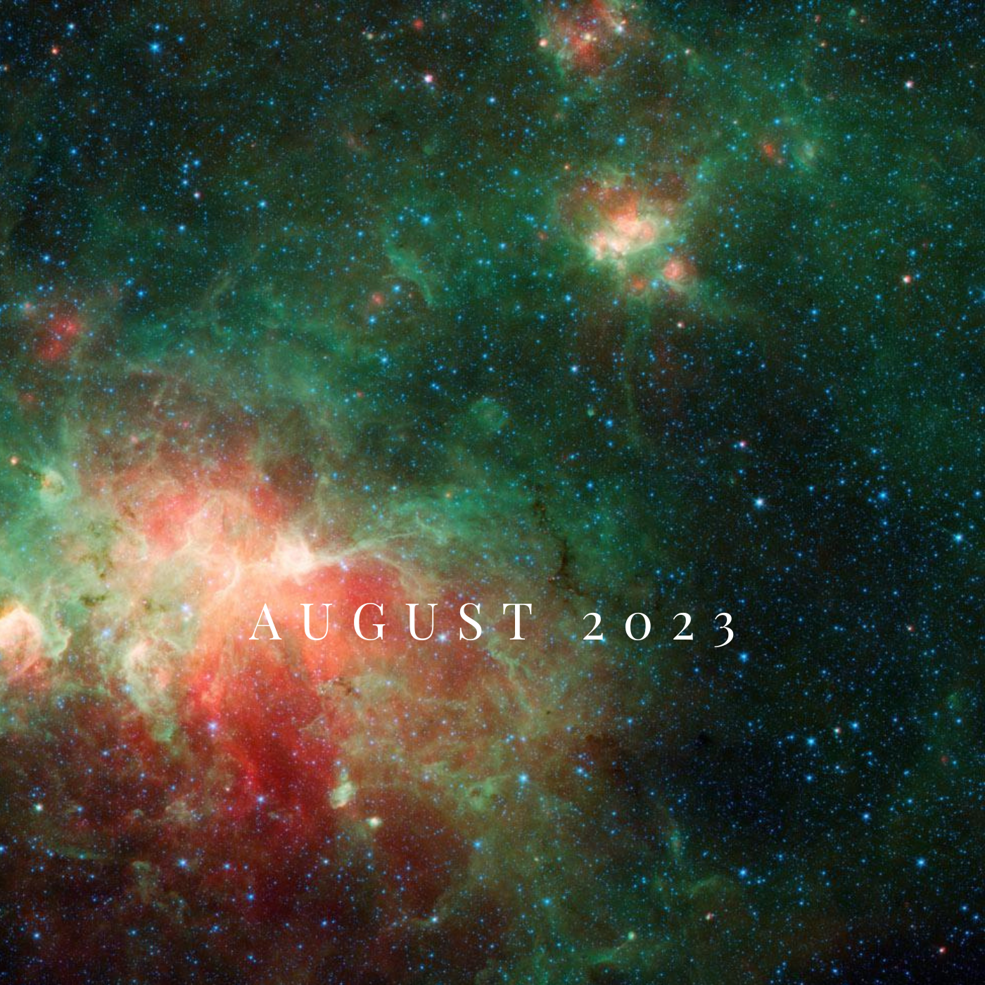 a square crop of green and red stardust clouds with august 2023 in the center