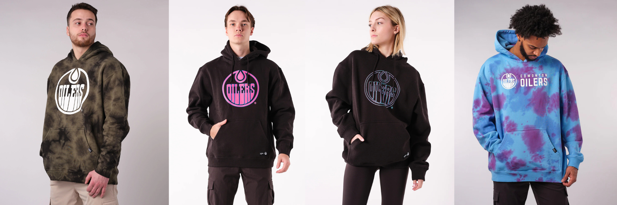 four oilers sweatshirts starting with green tie dye, two black ones with pink and blue logos, and a pink and blue tiedye one