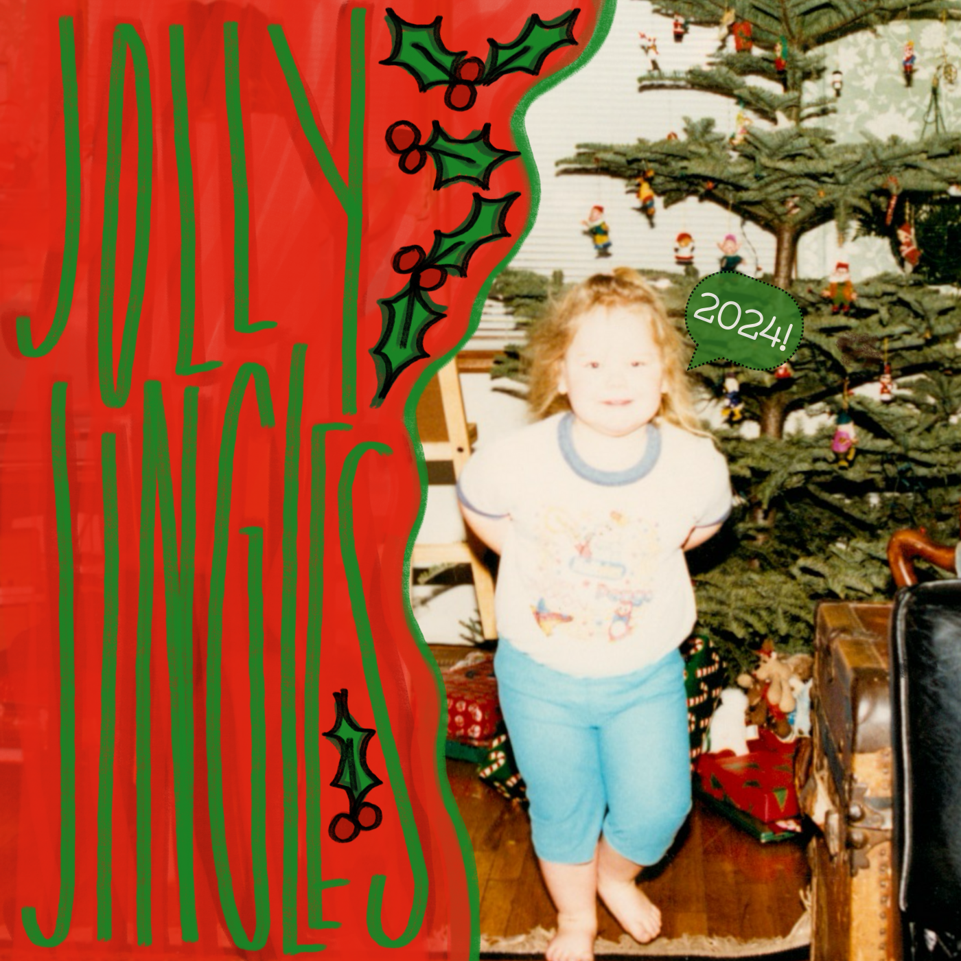 a picture of a kid between three and six running toward the camera in front of a christmas tree with a speech bubble saying 2024!, the left side of the image is red and says jolly jingles with doodles of holly