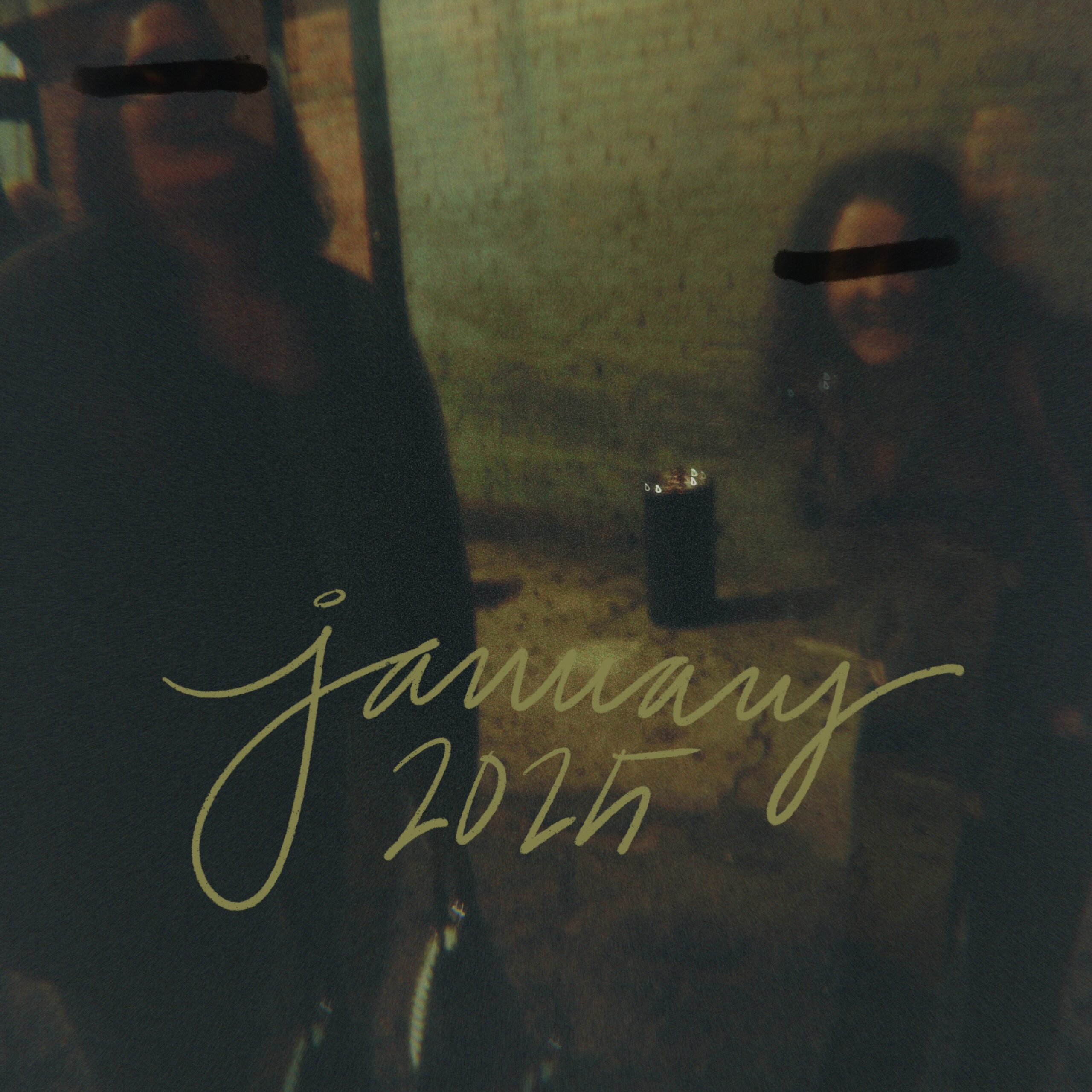 a square image of two blurry and double-exposed people with their eyes crossed out with black bars and january 2025 handwritten between them, they are crystal and kelly and the photo was taken in january 2008 in the alley behind the hotel cafe in los angeles, california