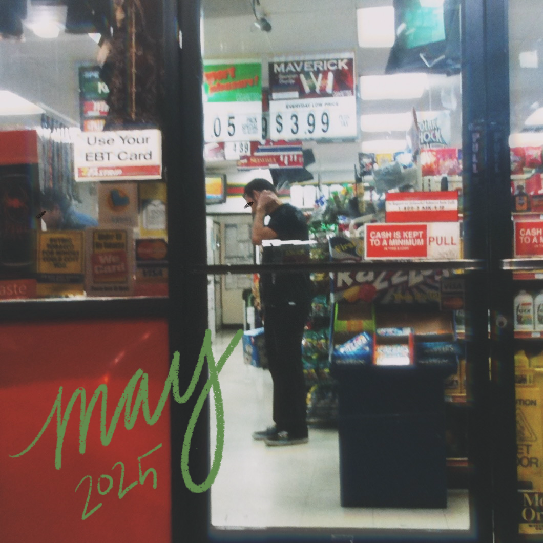 a square image of a man in profile standing in a convenience store with a case of beer in his hand waiting for the cashier, he and the cashier have black bars over their barely visible eyes, may 2025 is handwritten in green on the bottom left, the image was taken in may 2011