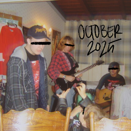 a square image of three guys in a bedroom, one of them is playing guitar while sitting on the bed, another is playing an electric guitar while standing, and the third is talking to a small child almost out of frame, october 2025 is written in black print, the picture was taken in october 2005