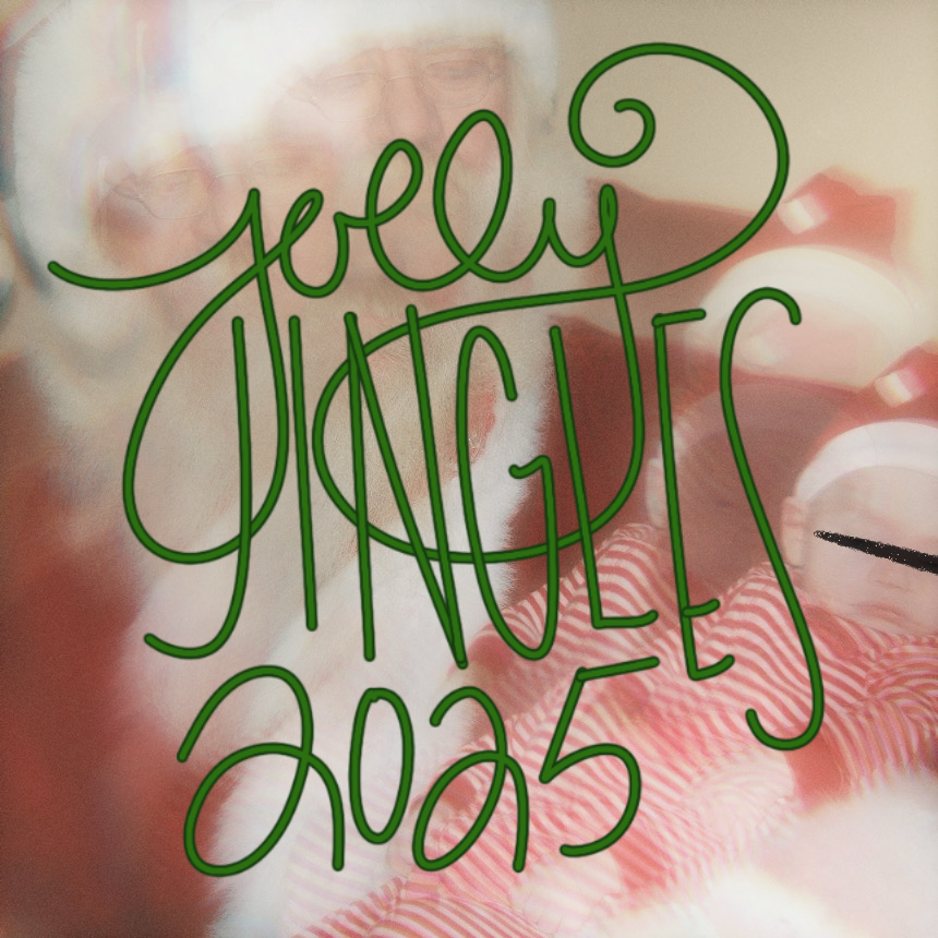 a square image of a blurry and triple exposed santa holding a baby in red stripes, the baby's eyes are black barred, jolly jingles 2025 is written in curly green script, the picture was taken in december 2015